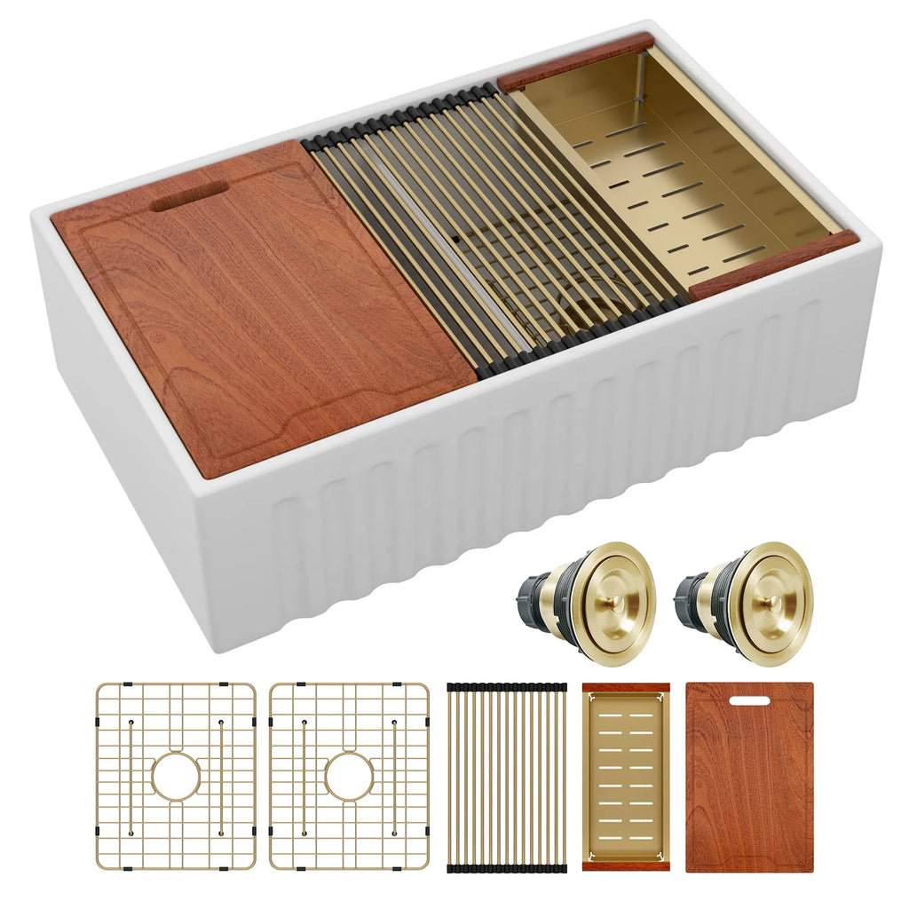 Free Shipping 33 Inch Fireclay Kitchen Sinks Apron Front Double Bowl Ceramic Farmhouse Sinks