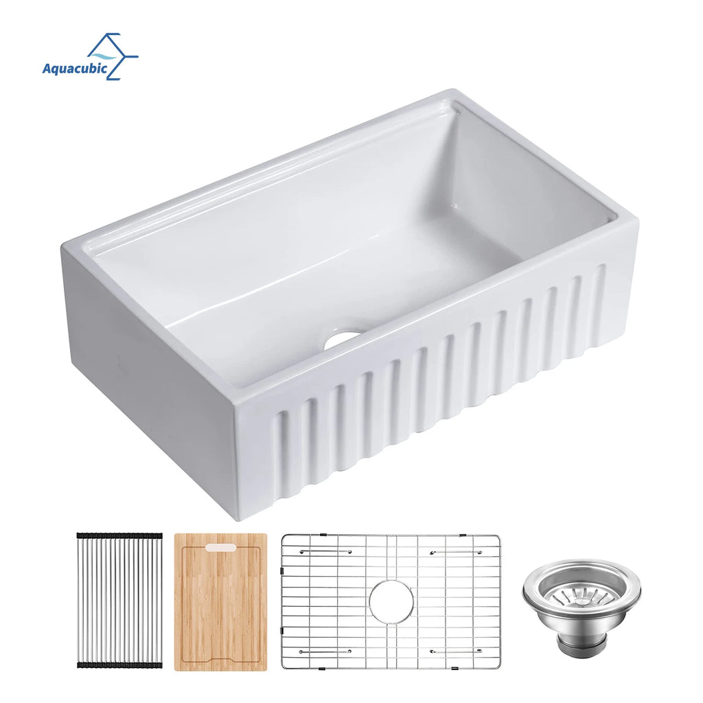 30 Inch Farm Kitchen Sink Ledge Workstation White Fireclay Ceramic Porcelain Apron Front Farm Sinks Basin with Cutting Board