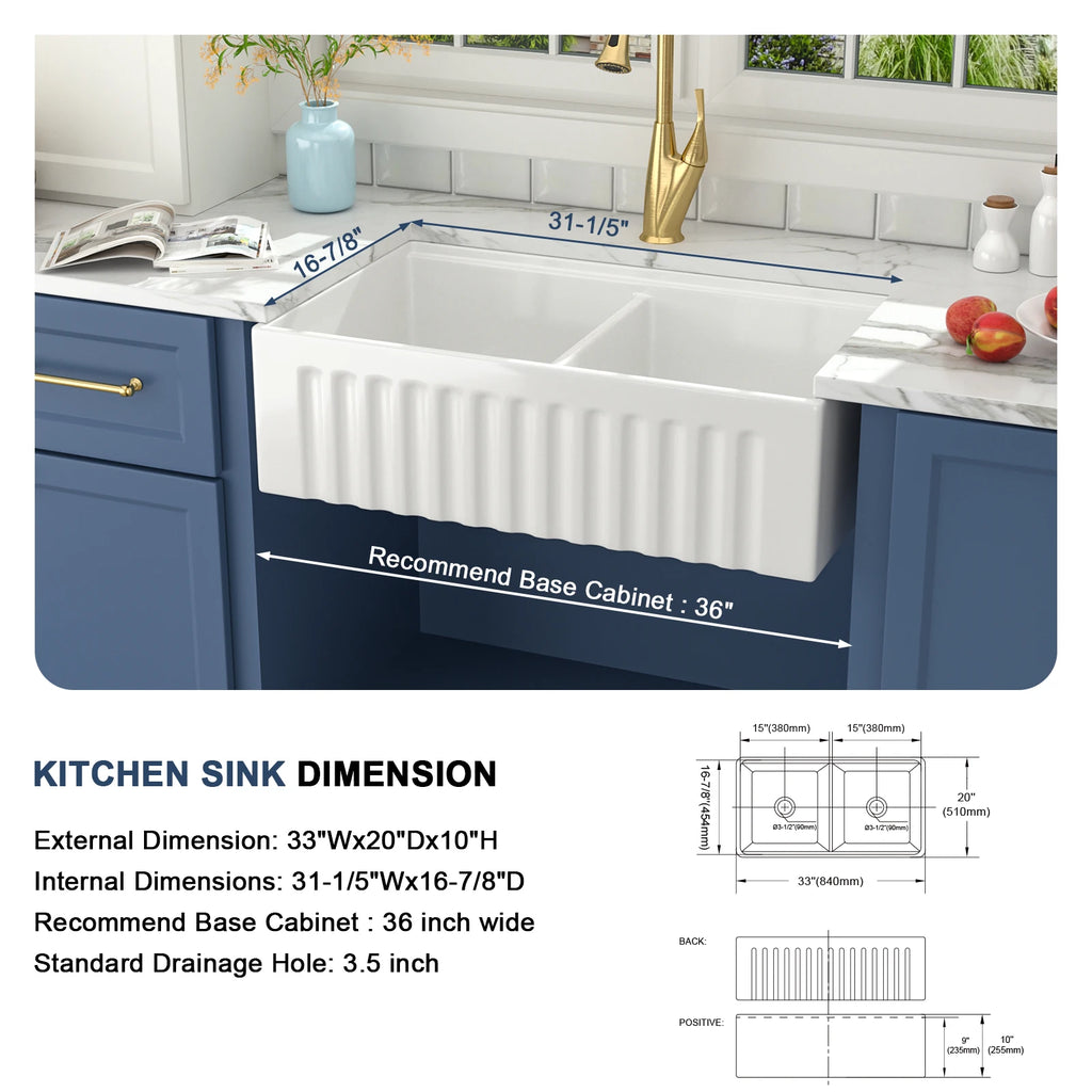 Free Shipping 33 Inch Fireclay Kitchen Sinks Apron Front Double Bowl Ceramic Farmhouse Sinks