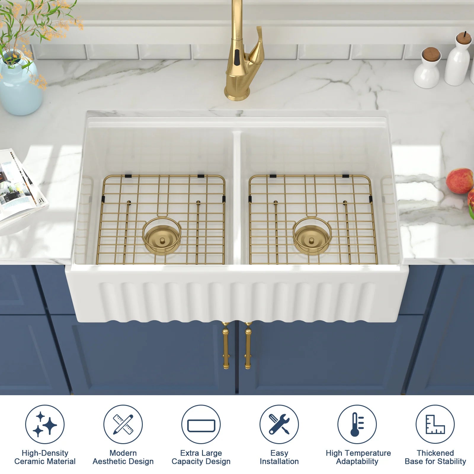 Free Shipping 33 Inch Fireclay Kitchen Sinks Apron Front Double Bowl Ceramic Farmhouse Sinks