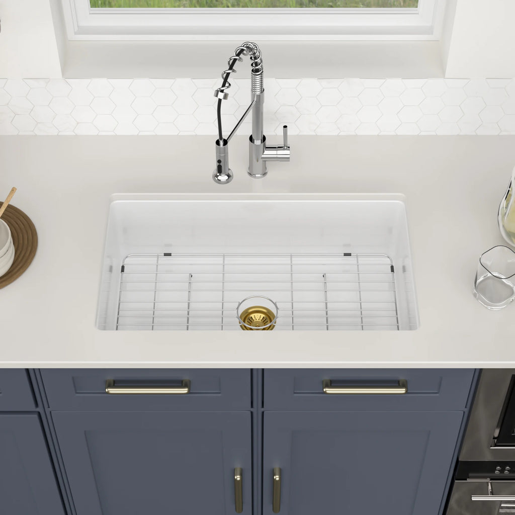 30*18 Inch Undermount Fireclay Single Bowl Kitchen Sink with Thick Mounting Deck in Gloss White