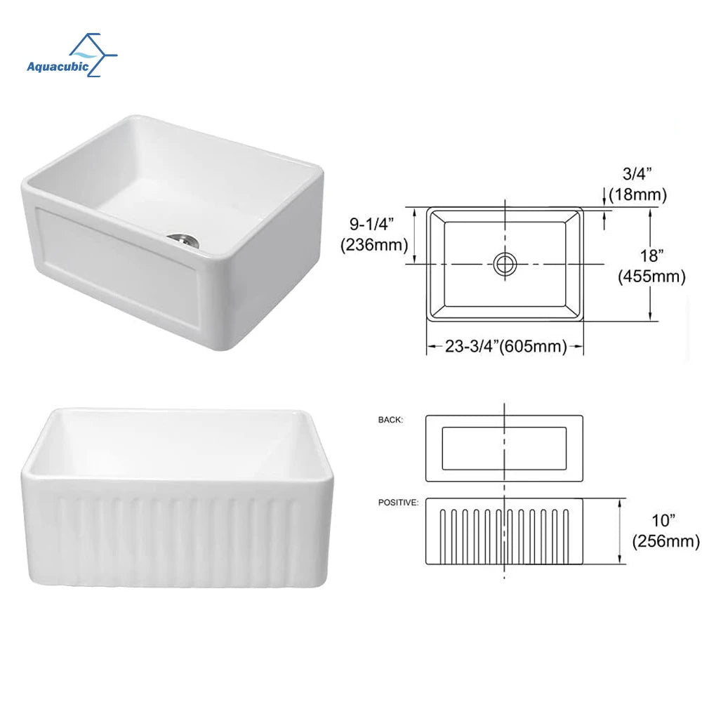 24-Inch Reversible Ceramic Kitchen Sink - Single Bowl Design with Left/Right Drain & Bottom Grid