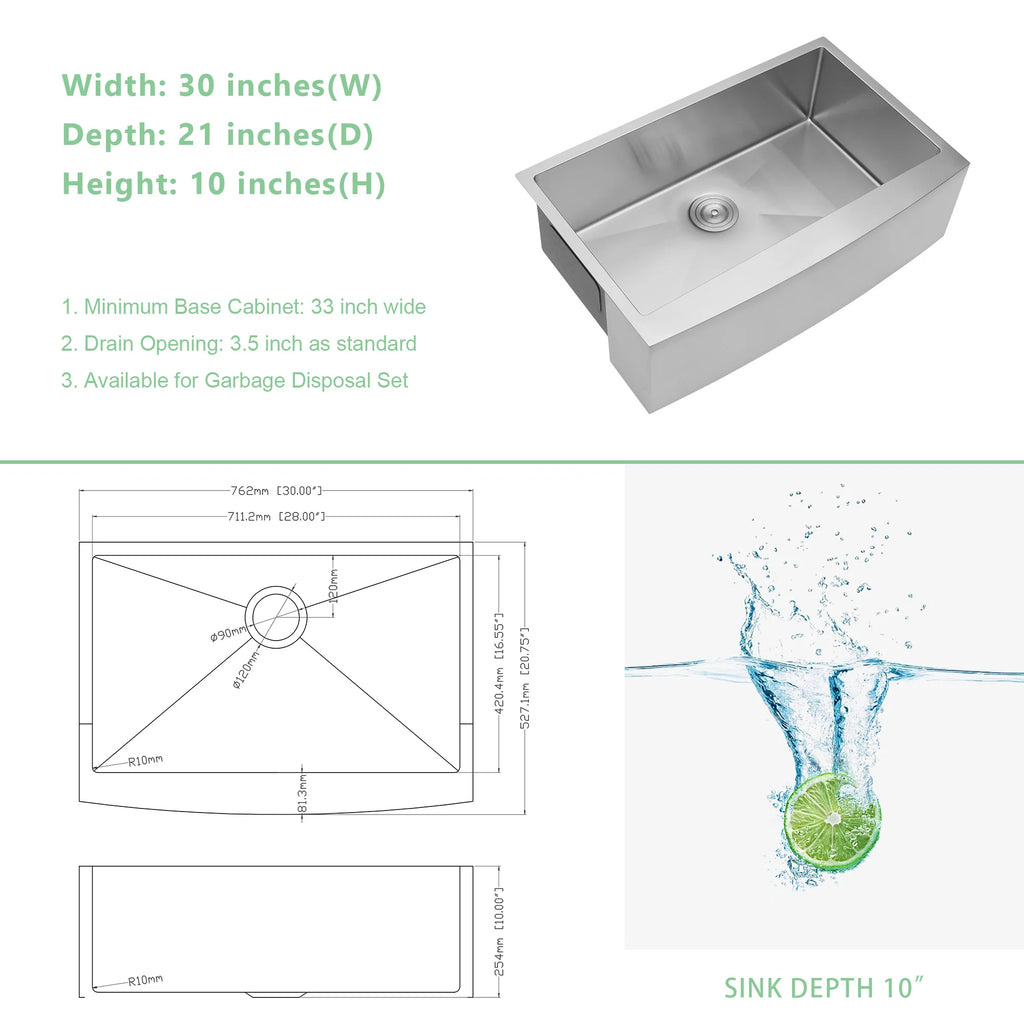30 Inch Farmhouse Farm Apron Front Single Bowl 304 Stainless Steel Handmade Brush Nickel Kitchen Sink