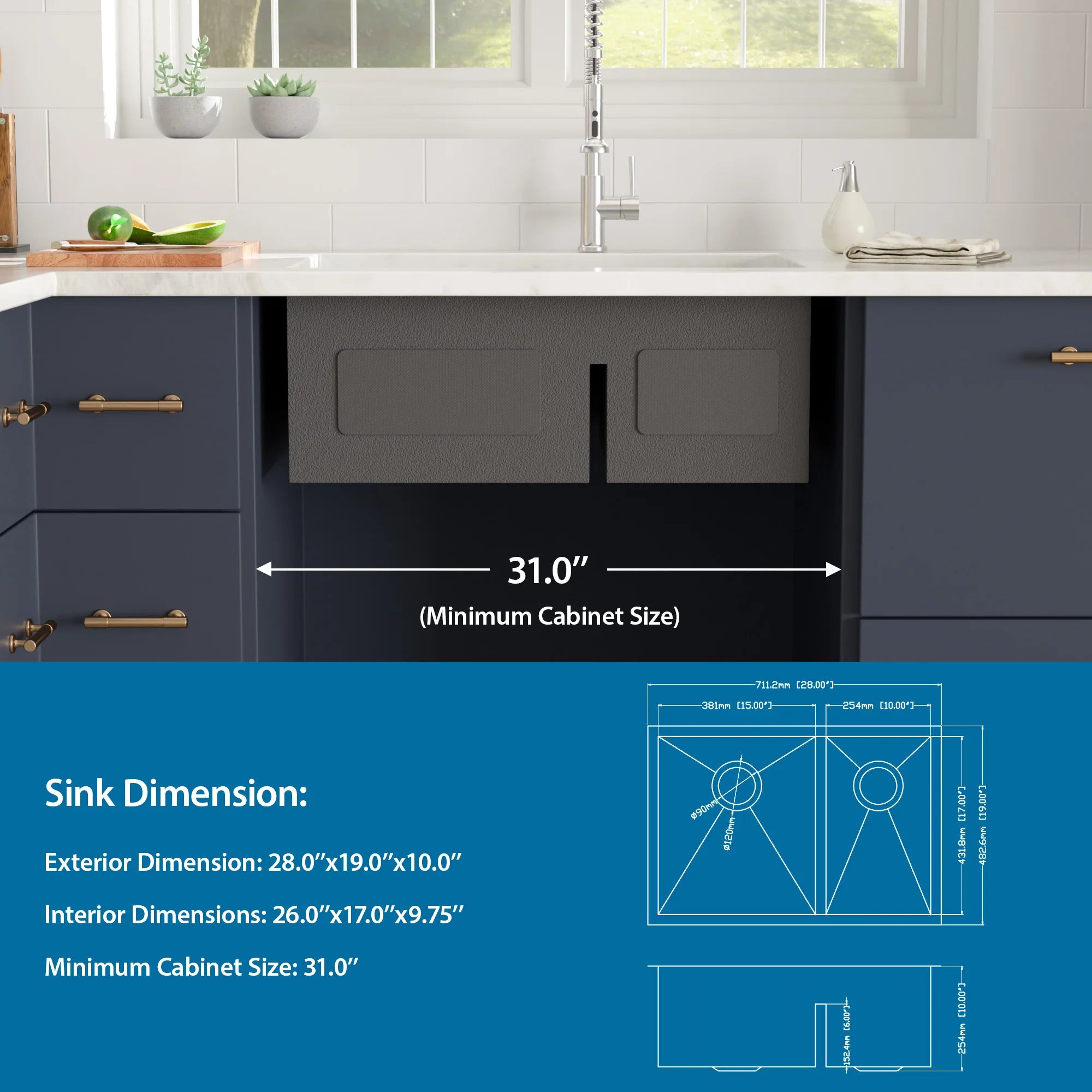 28-inch 60/40 Double Bowl 16 Gauge Stainless Steel 28*19*10 Inch Undermount Low-Divide Kitchen Sink