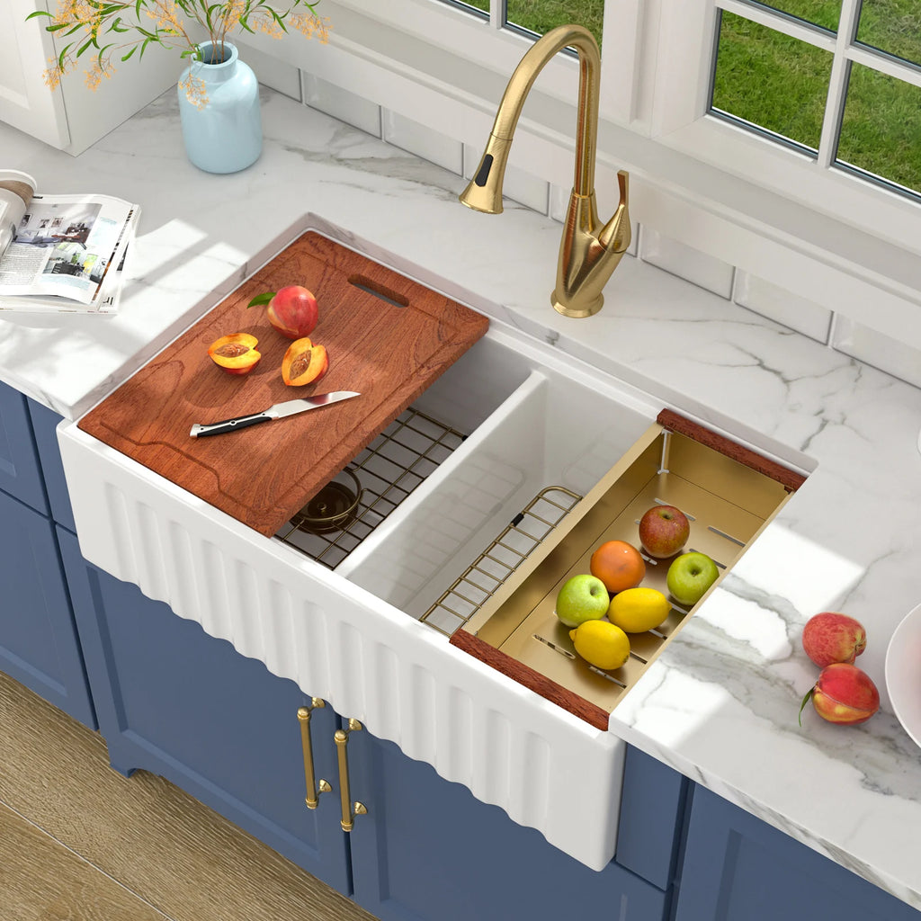 Free Shipping 33 Inch Fireclay Kitchen Sinks Apron Front Double Bowl Ceramic Farmhouse Sinks