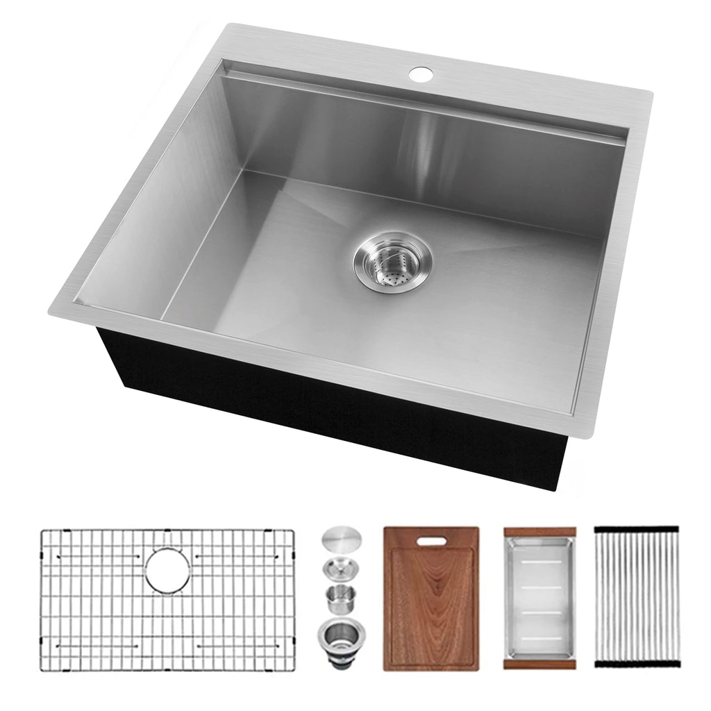 25 Inch Handmade 304 Stainless Steel Topmount Single Bowl Kitchen Sink Rectangular Rectangular One Hole Popular American Product