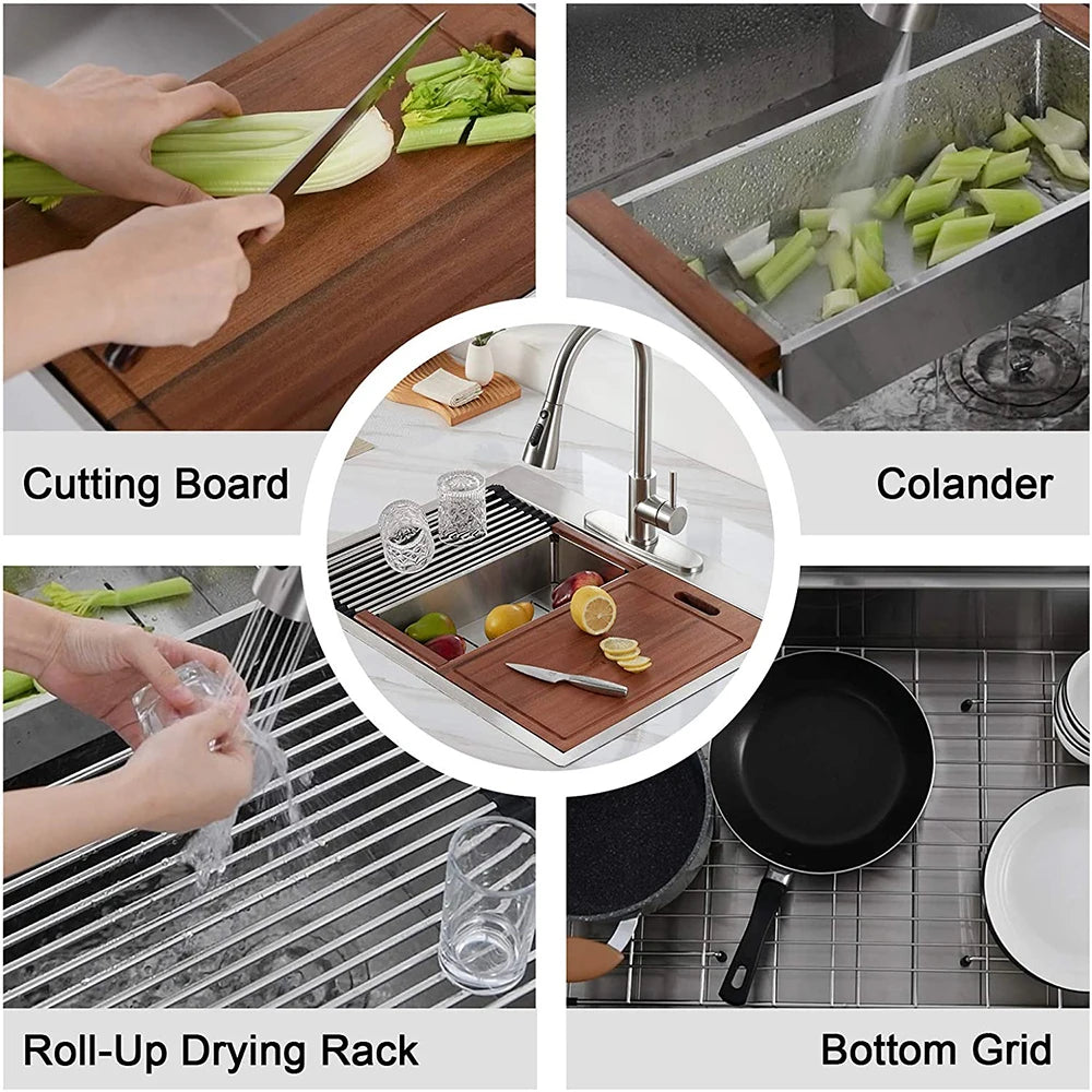 Large 33 X 22 Inch Handmade Sink SUS 304 All in One Top Mounts Workstation Kitchen Sink