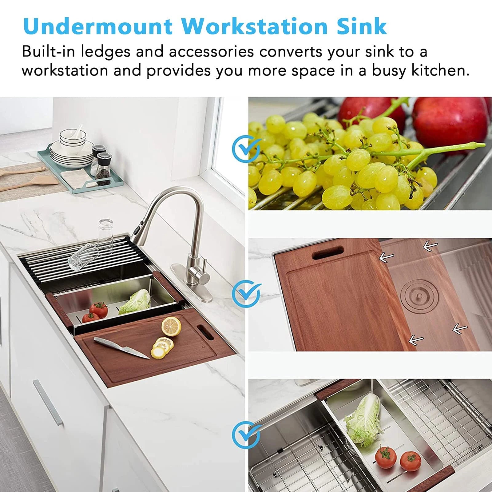 Aquacubic 32"x19" Workstation Cupc Undermount 304 Stainless Steel 16 Gauge Kitchen Sink