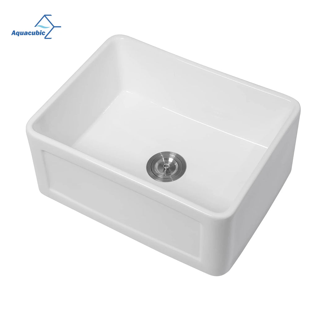 24-Inch Reversible Ceramic Kitchen Sink - Single Bowl Design with Left/Right Drain & Bottom Grid