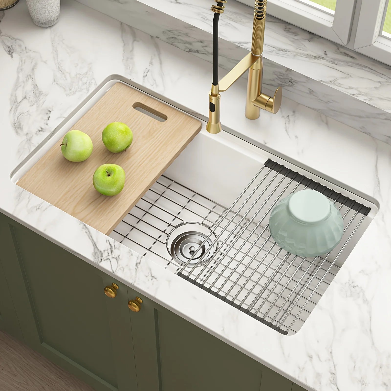 33 Inch Undermount Workstation Kitchen Sink, Drop In Farmhouse Sink With Sliding Accessories, Deep Single Bowl Dual Mount