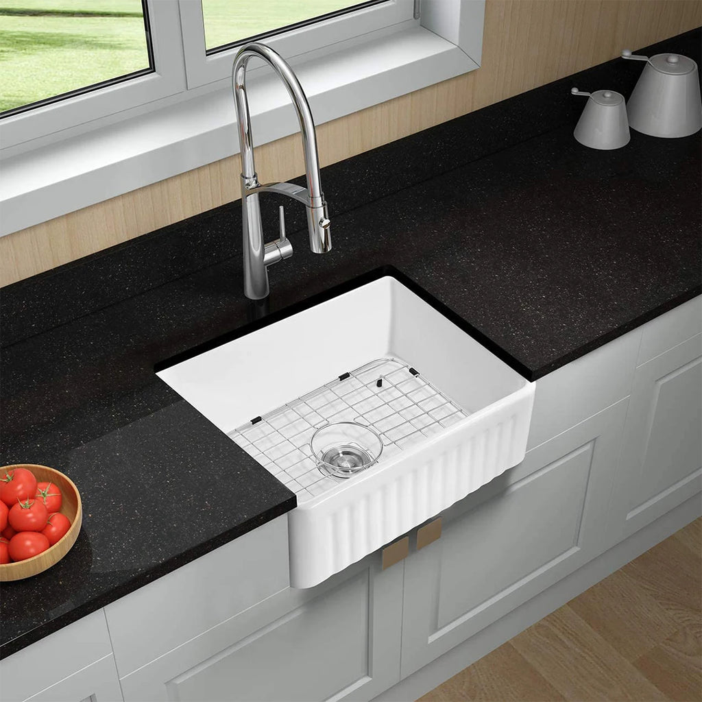 24-Inch Reversible Ceramic Kitchen Sink - Single Bowl Design with Left/Right Drain & Bottom Grid