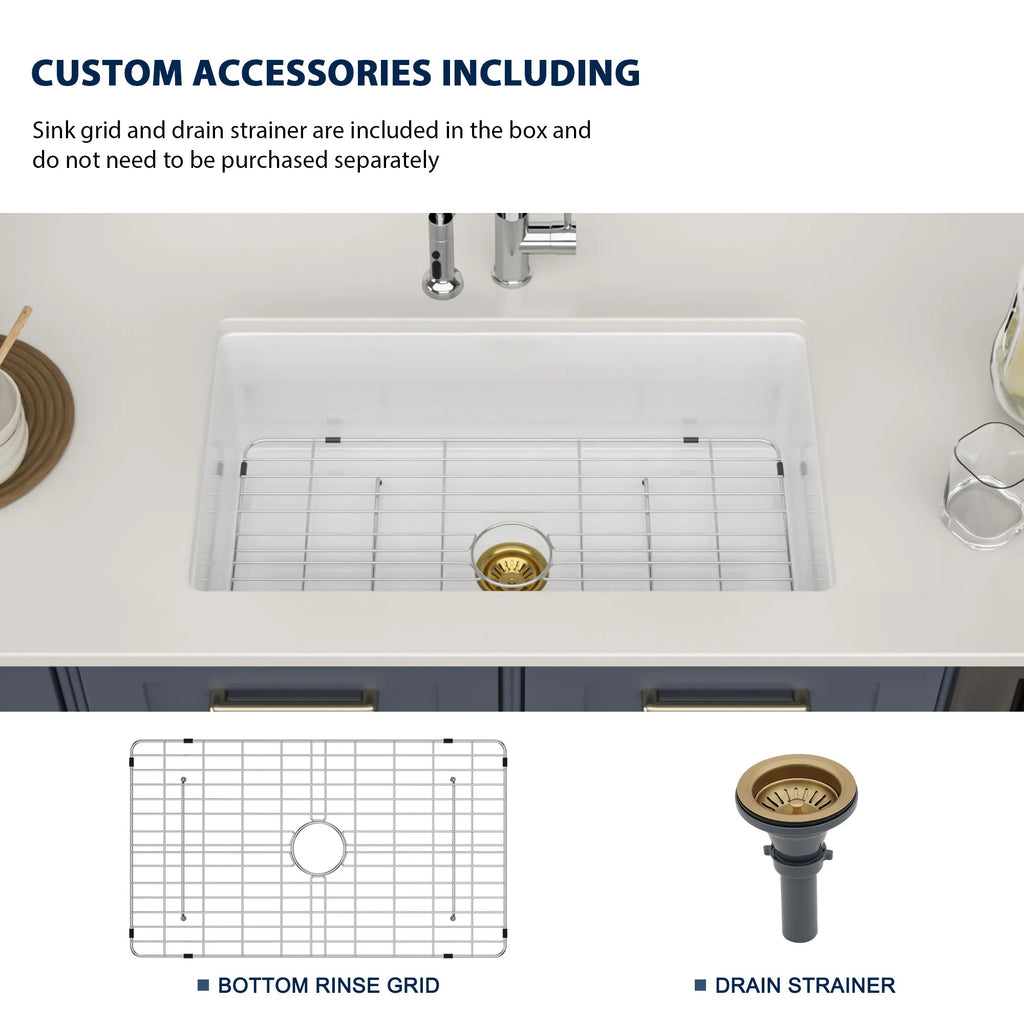 30*18 Inch Undermount Fireclay Single Bowl Kitchen Sink with Thick Mounting Deck in Gloss White