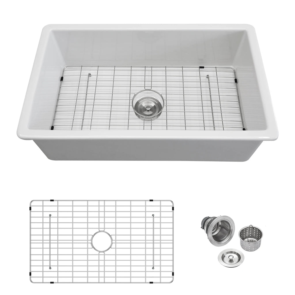 30*18 Inch Undermount Fireclay Single Bowl Kitchen Sink with Thick Mounting Deck in Gloss White