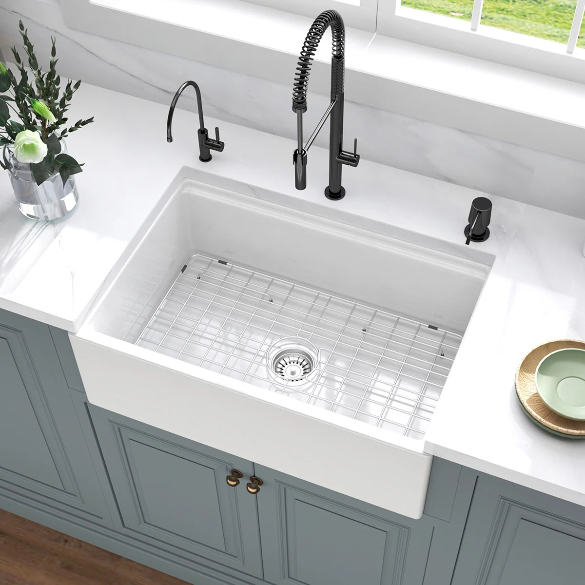 30 Inch Farm Kitchen Sink Ledge Workstation White Fireclay Ceramic Porcelain Apron Front Farm Sinks Basin with Cutting Board