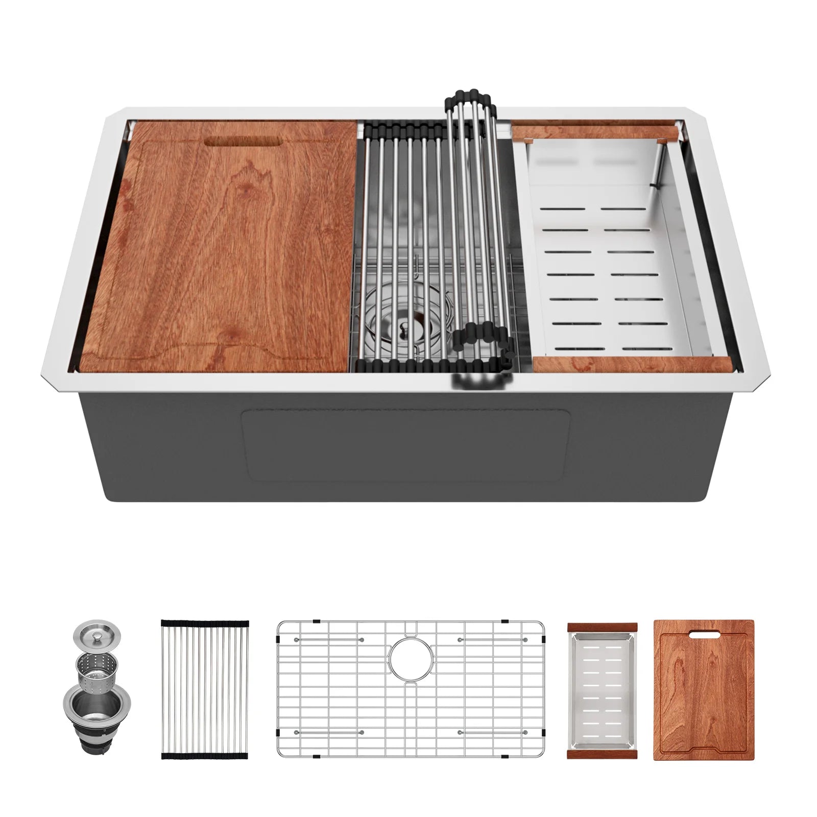 Single Bowl Kitchen Sink with Accessories Workstation 28-inch Undermount 16 Gauge Stainless Steel Kitchen Sink