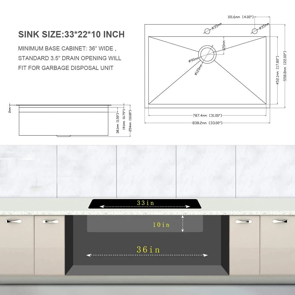 Large 33 X 22 Inch Handmade Sink SUS 304 All in One Top Mounts Workstation Kitchen Sink