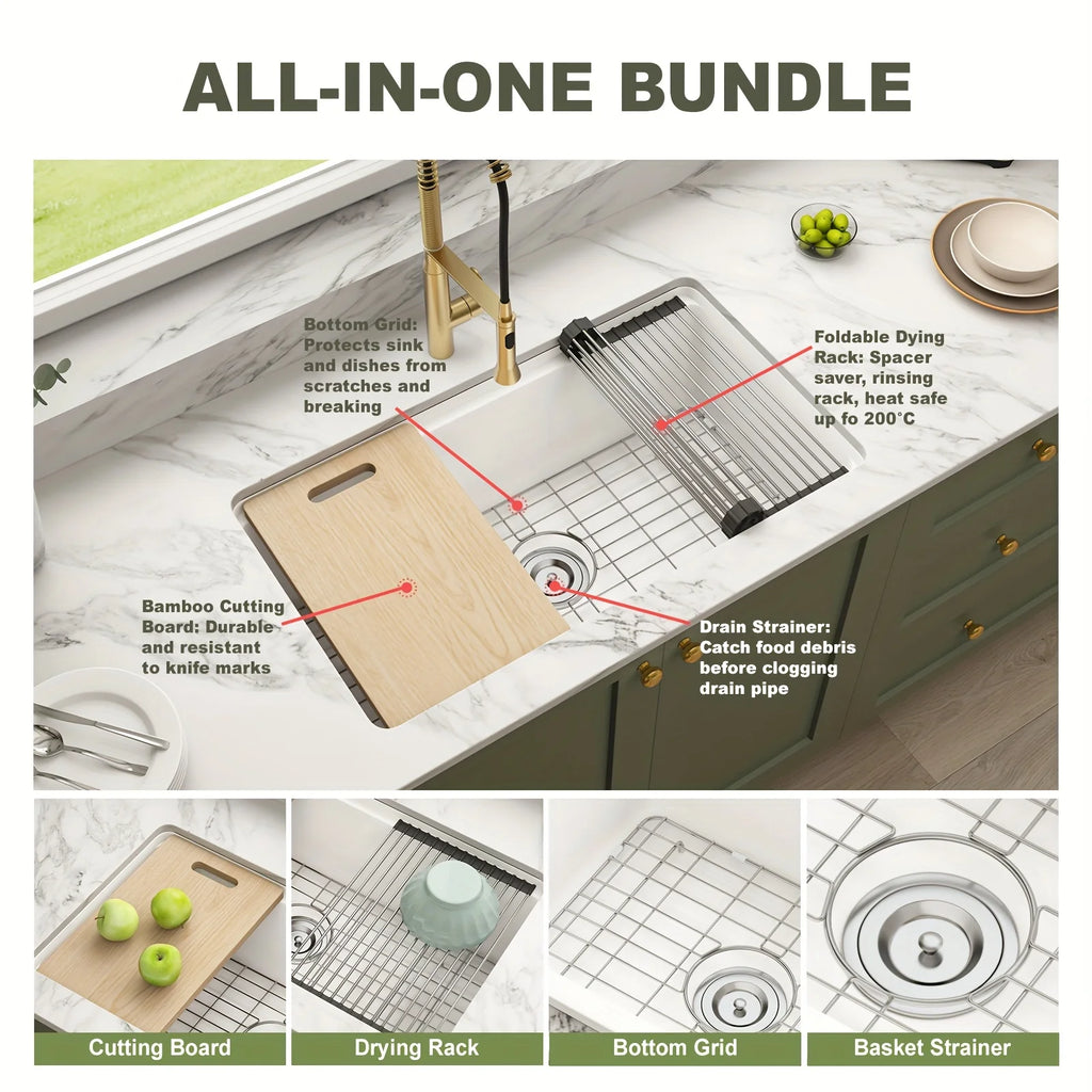 33 Inch Undermount Workstation Kitchen Sink, Drop In Farmhouse Sink With Sliding Accessories, Deep Single Bowl Dual Mount