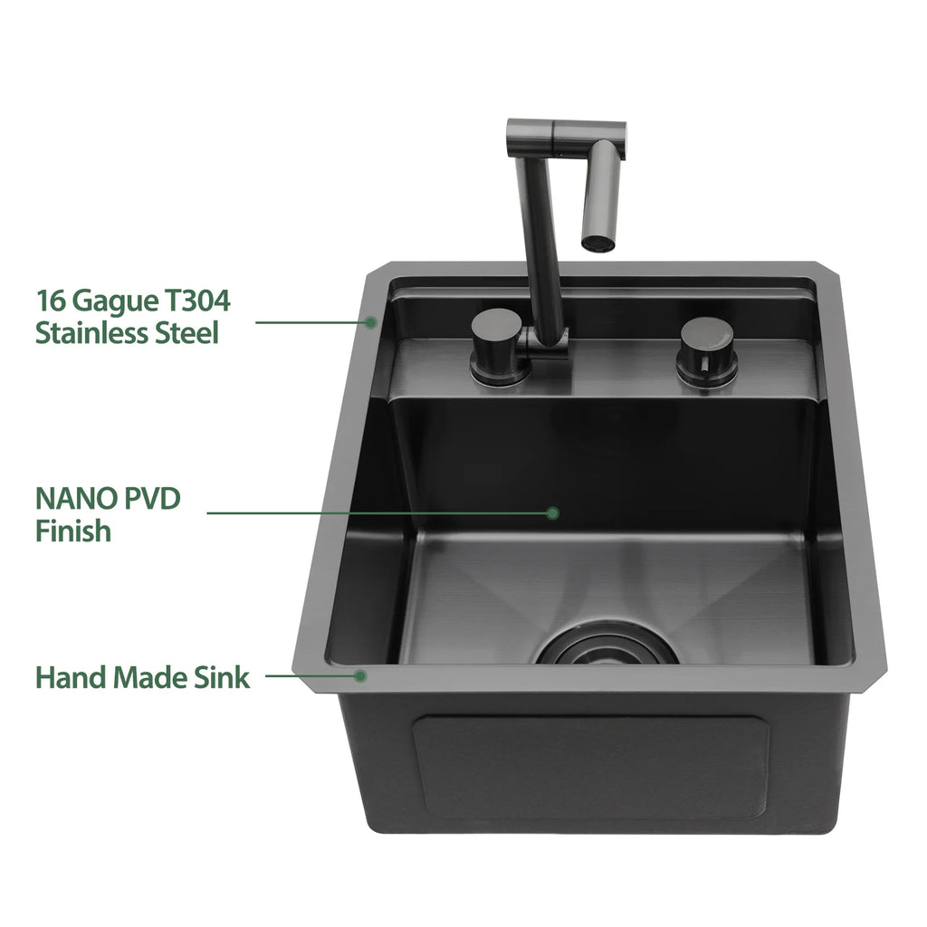 15 X 17 Inch Undermount Bar Sink Premium Stainless Steel Single Bowl with Faucet,Cutting Board Gunmetal Black RV Kitchen Sink