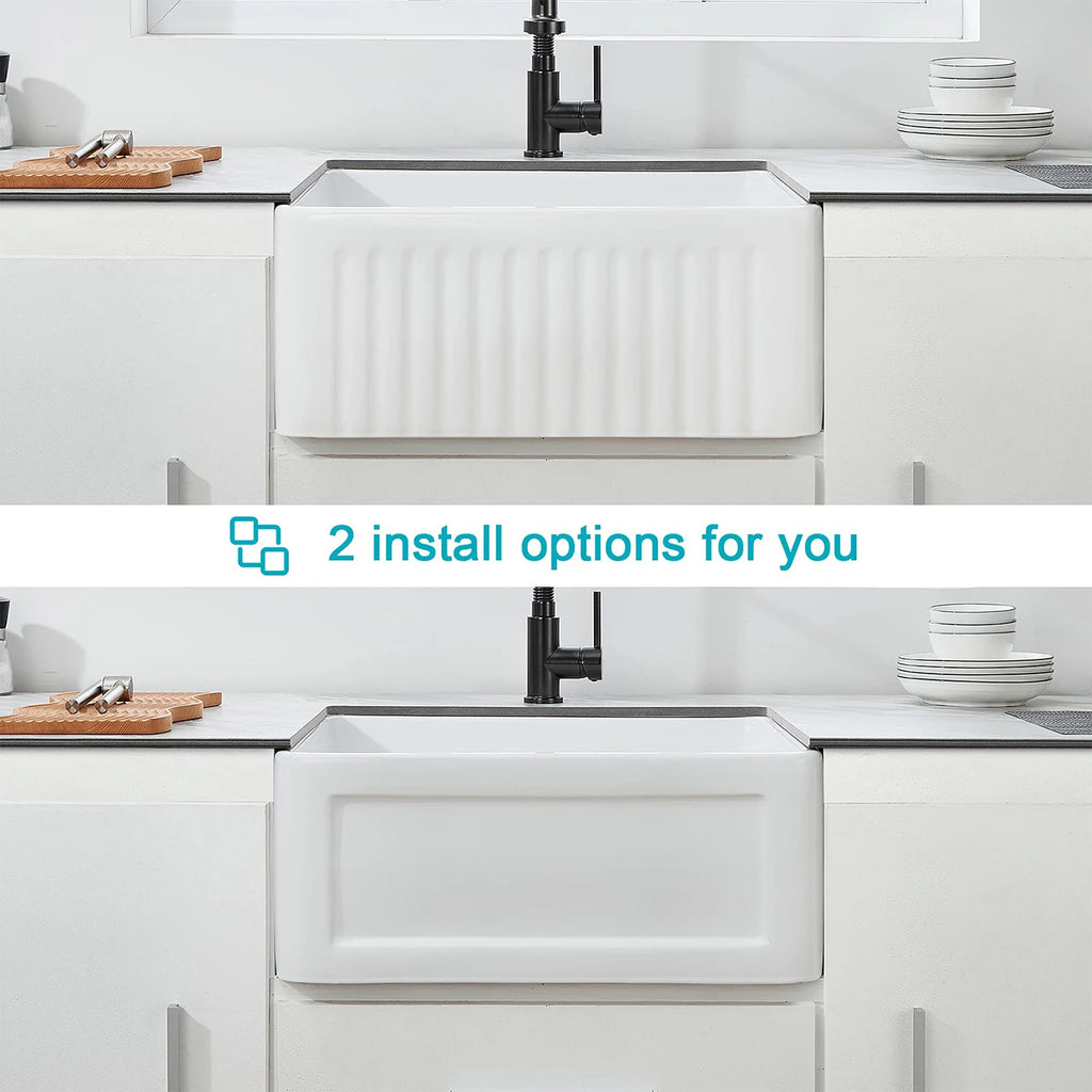 24-Inch Reversible Ceramic Kitchen Sink - Single Bowl Design with Left/Right Drain & Bottom Grid