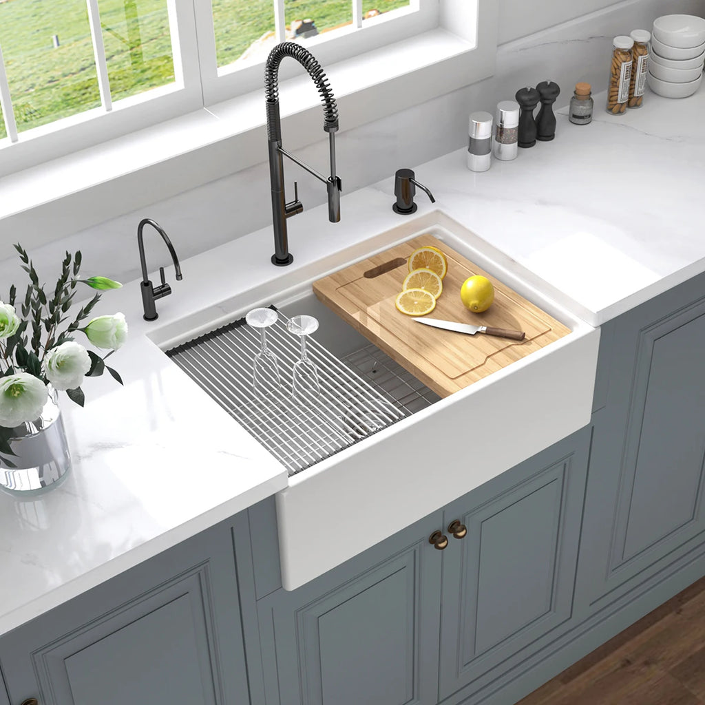 30 Inch Farm Kitchen Sink Ledge Workstation White Fireclay Ceramic Porcelain Apron Front Farm Sinks Basin with Cutting Board