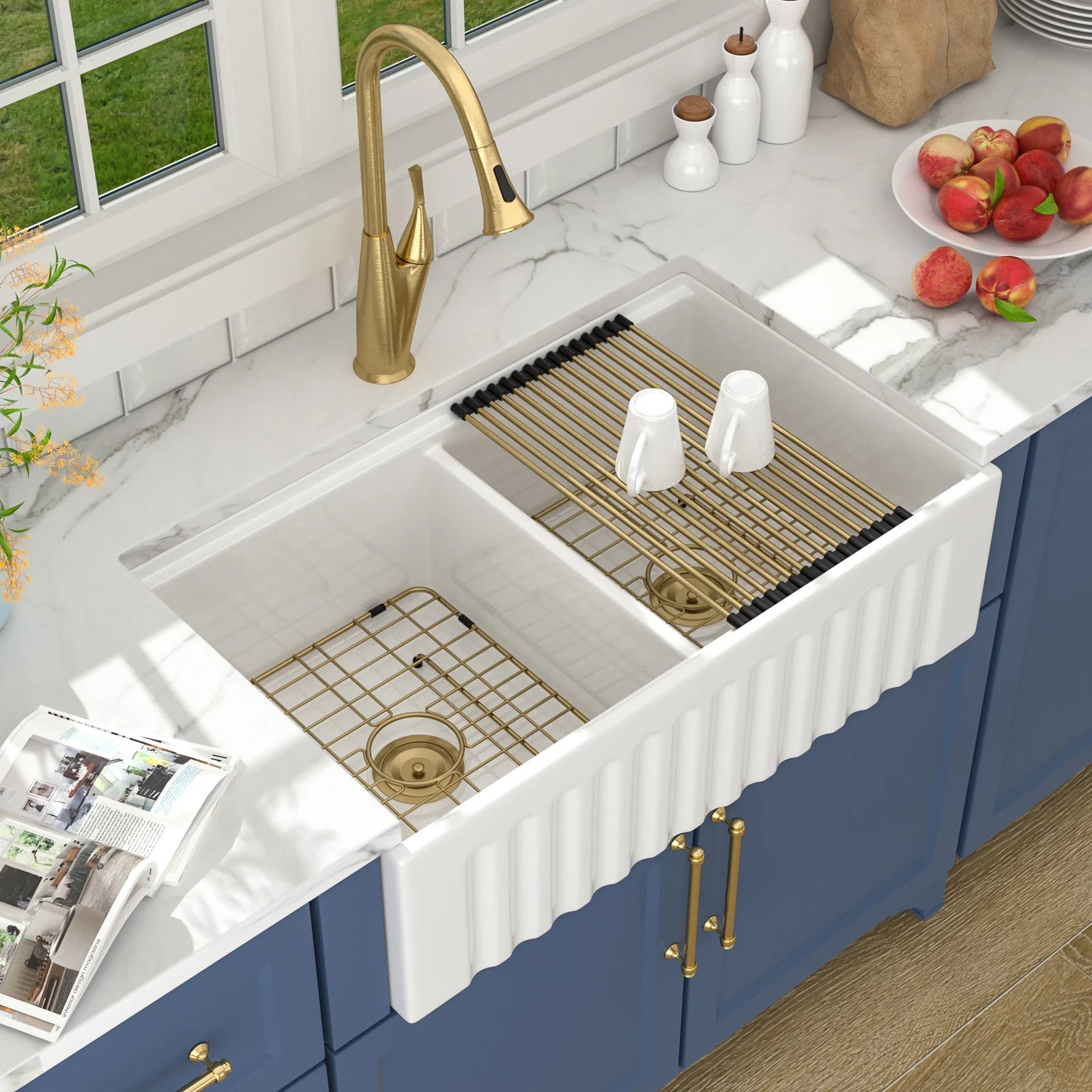 Free Shipping 33 Inch Fireclay Kitchen Sinks Apron Front Double Bowl Ceramic Farmhouse Sinks